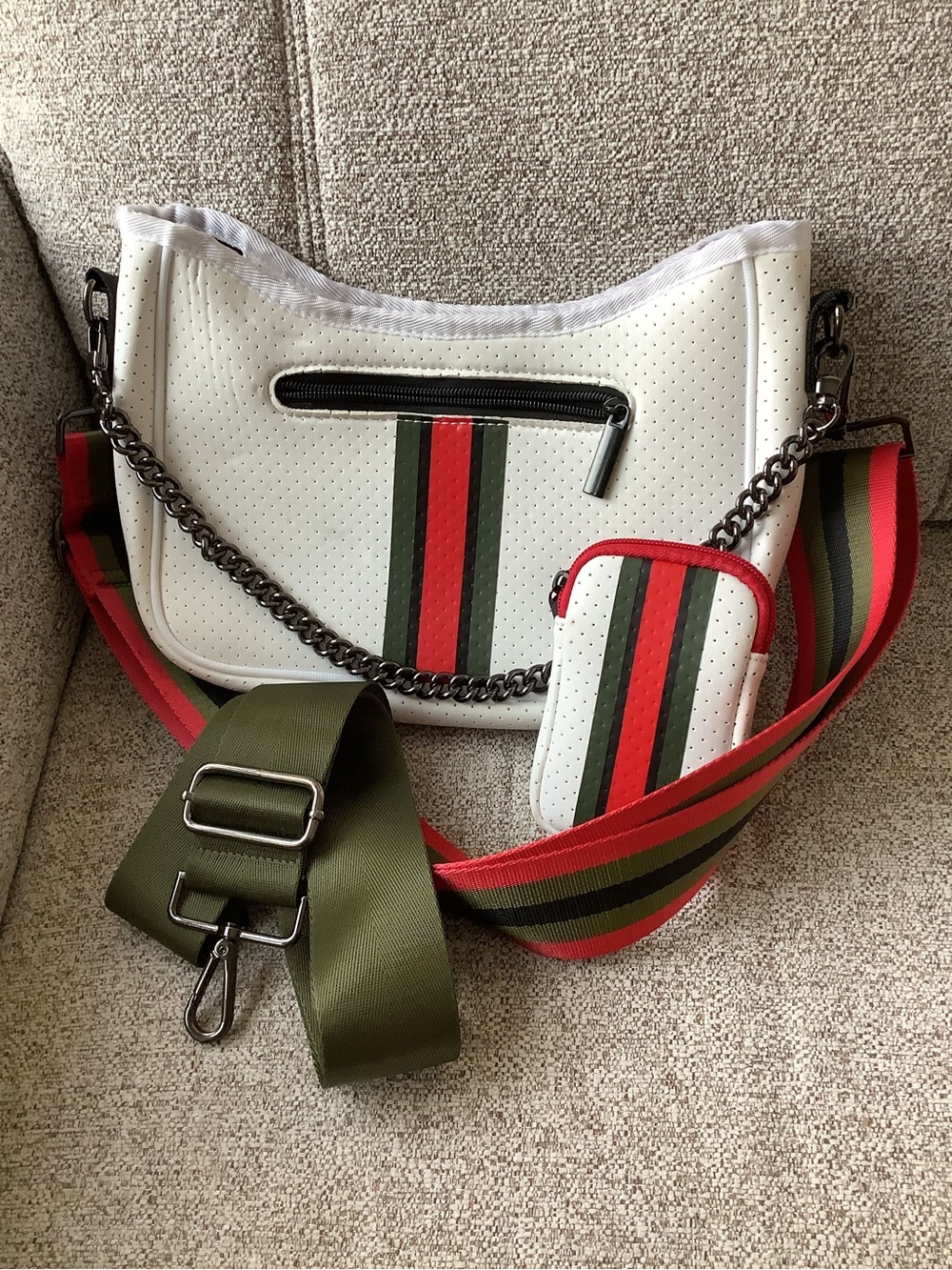 HAUTE SHORE White Crossbody with Red and Olive Stripe